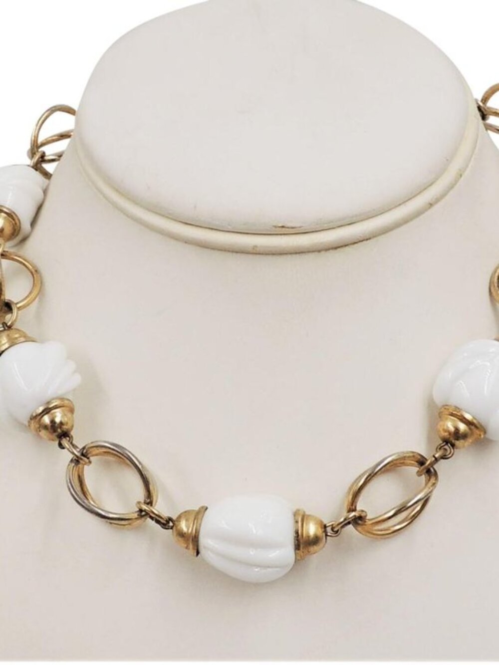 Vintage 1950s Signed Napier Modernist Goldtone & White Glass Necklace